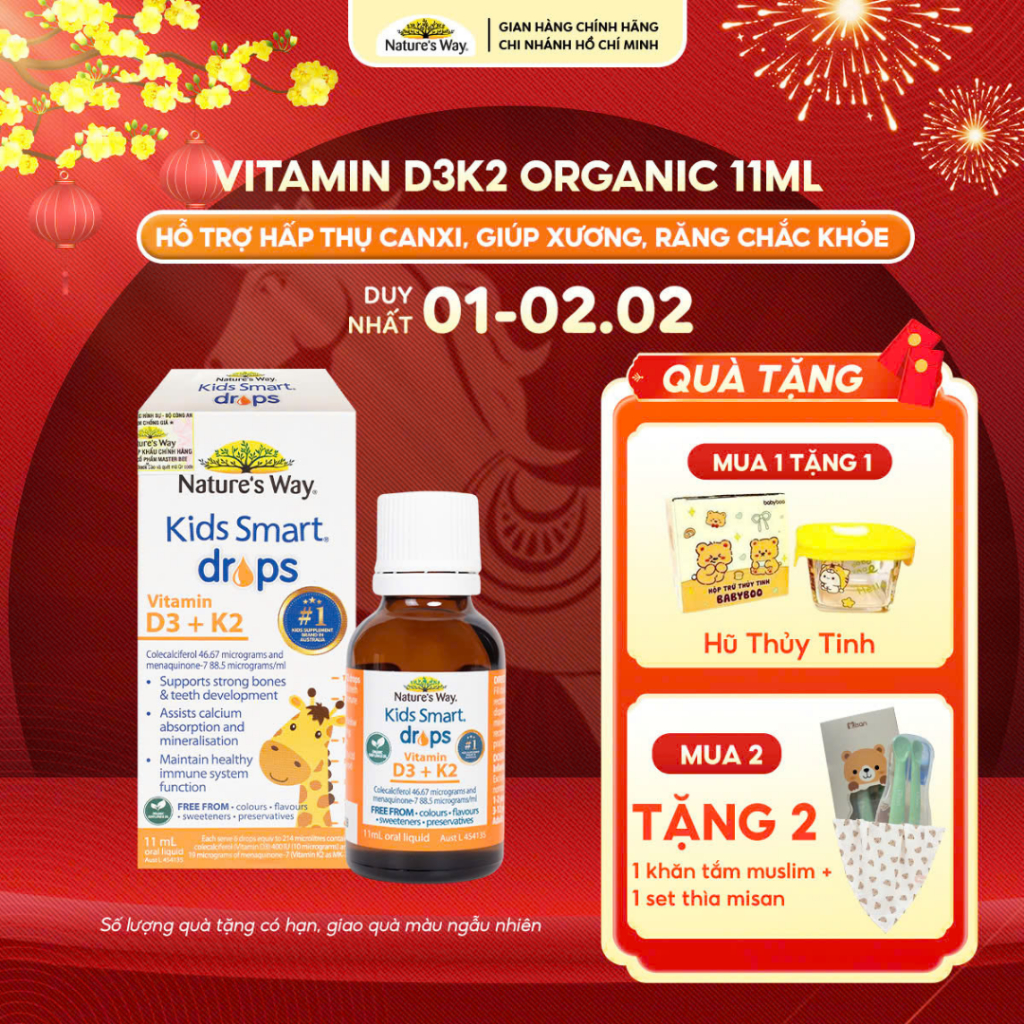 Vitamin D3K2 ORGANIC Nature’s Way, Vitamin D3K2 Thế Hệ Mới Cho Bé, Nature’s Way Kids Smart Drops Vit