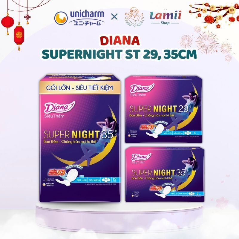 Full size Băng vệ sinh Ban đêm Supernight Diana Siêu Thấm Có Cánh Size 29cm 35cm 42cm Bản rộng