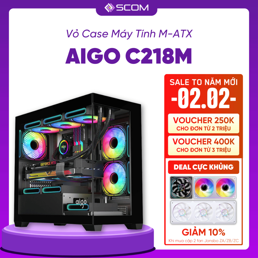 Vỏ Case PC Aigo C218M Case Máy Tính M-ATX Mid Tower Hai Mặt Kính Bể Cá Nhỏ Gọn Giá Rẻ