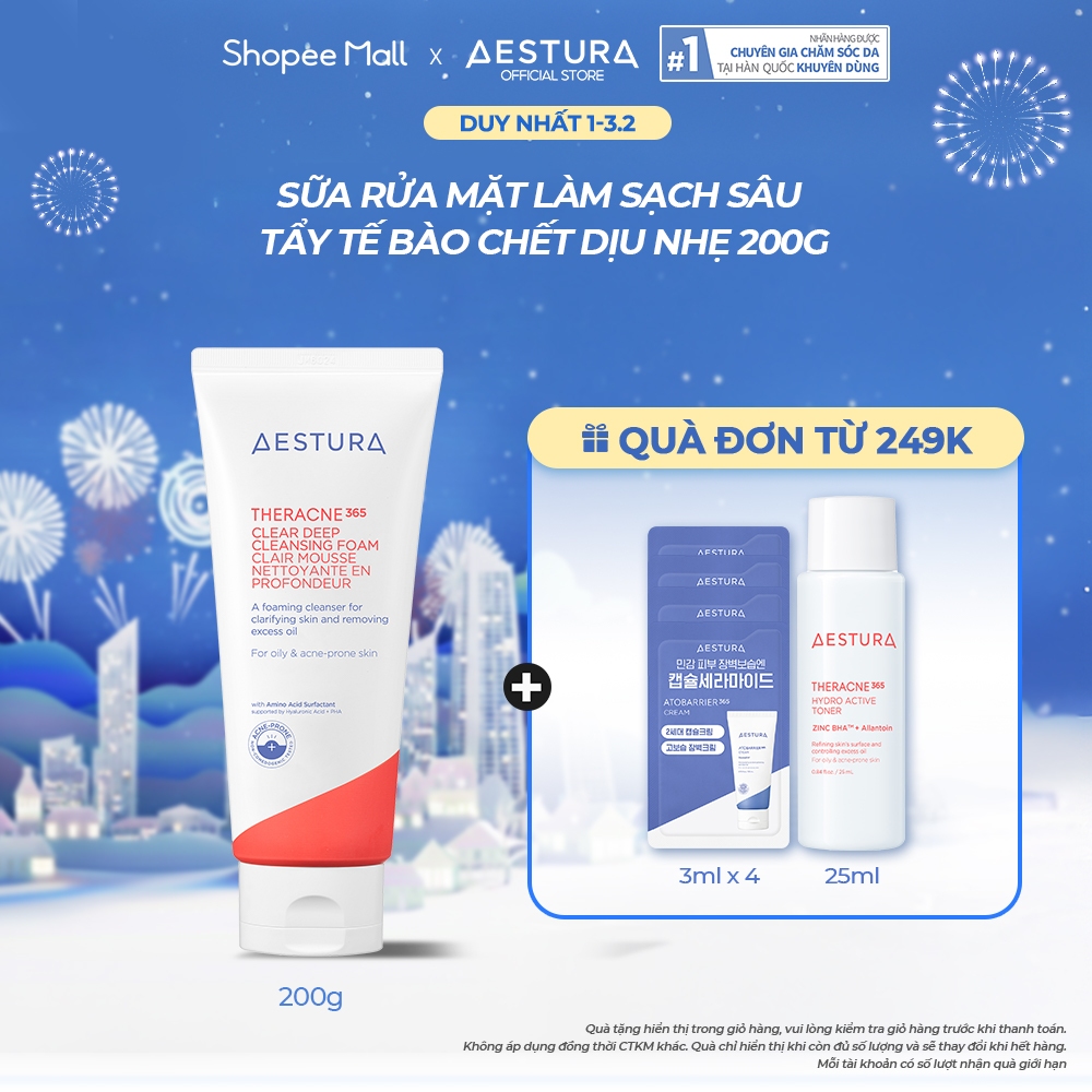 Sữa rửa mặt tạo bọt làm sạch sâu cho da dầu mụn AESTURA THERACNE365 Clear Deep Cleansing 200g