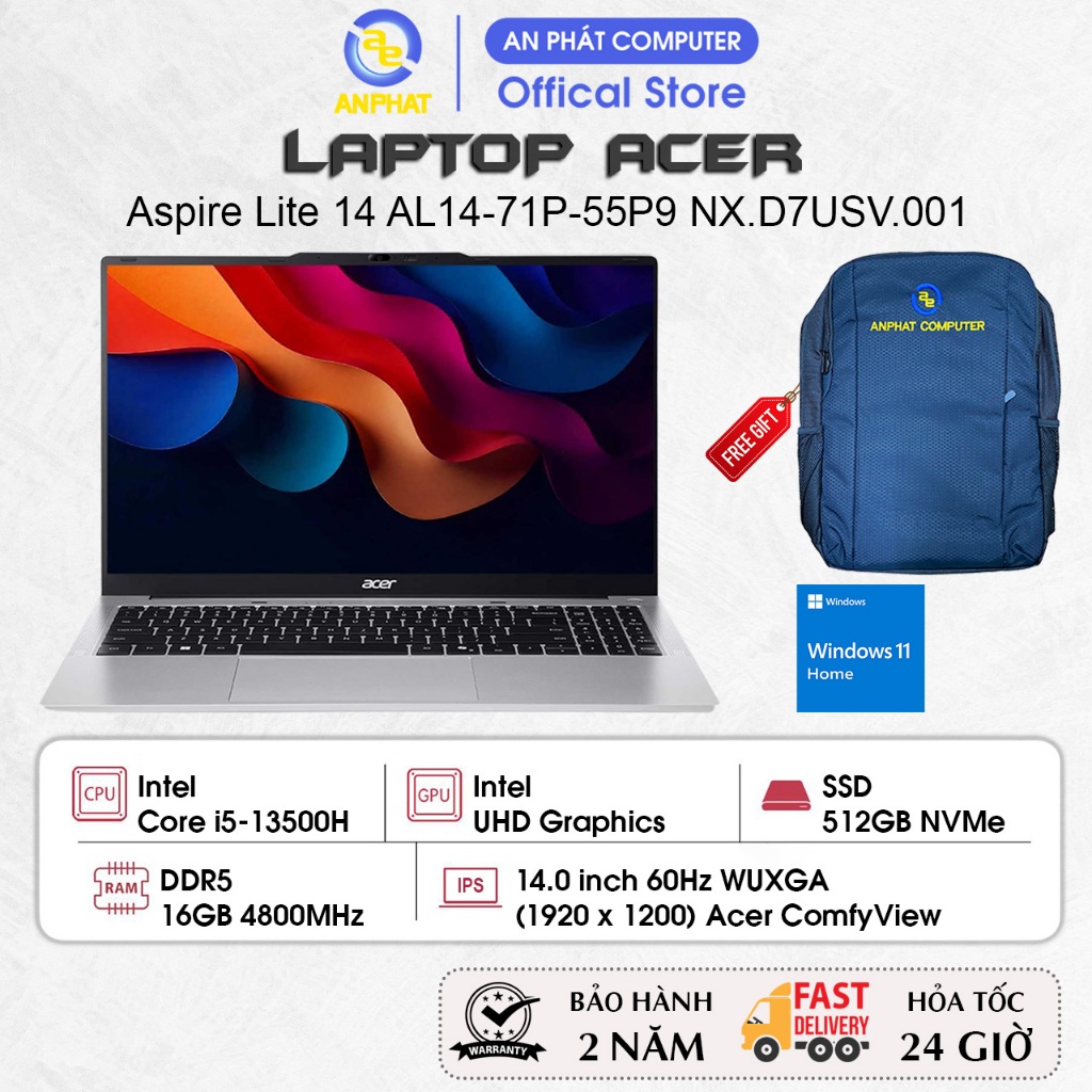 Laptop Acer Aspire Lite 14 AL14-71P-55P9 NX.D7USV.001, Core i5-13500H, 16GB RAM, 512GB SSD, Win11