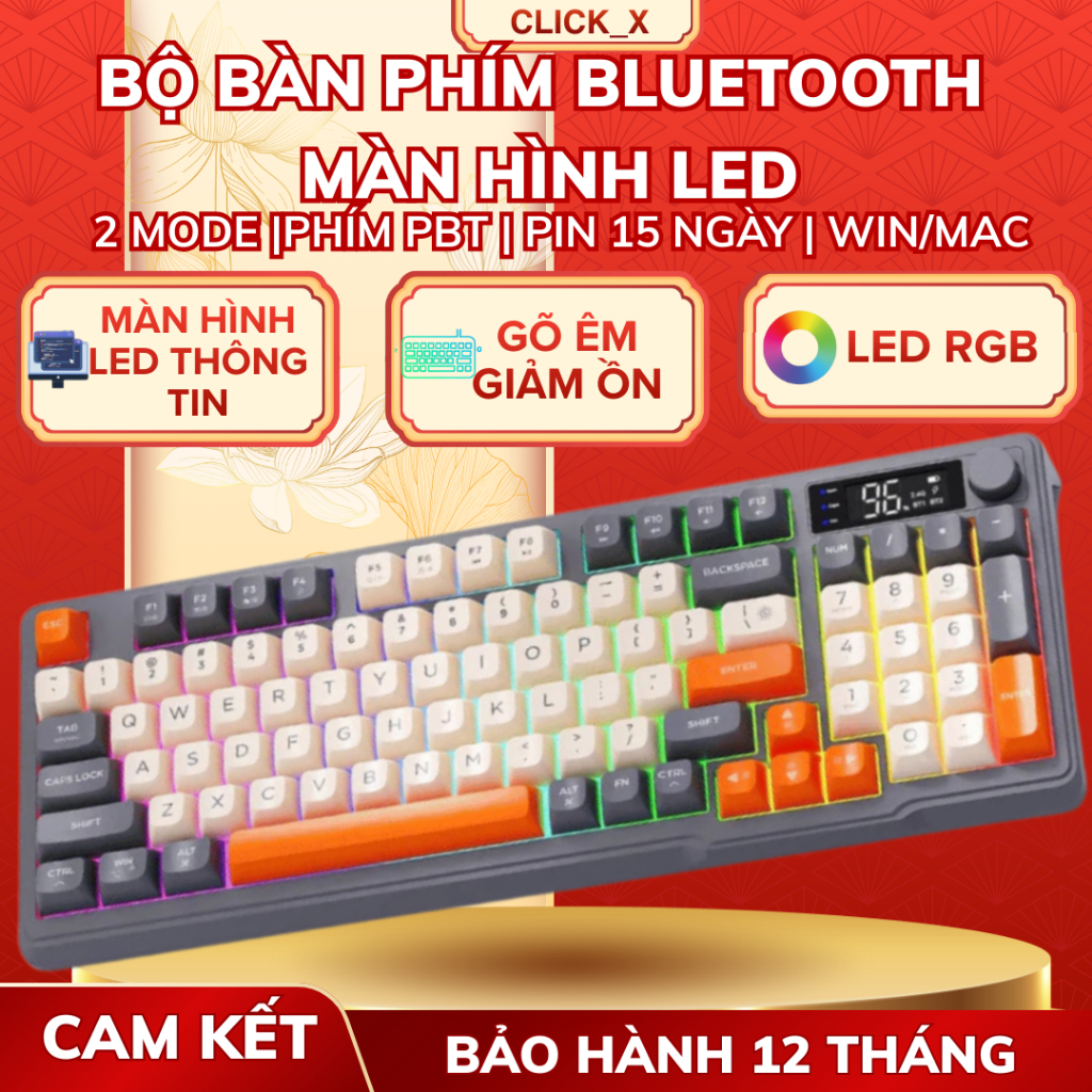 Bộ Bàn Phím Không Dây Bluetooth M96 LED 7 Màu Có Màn Hình, Phím PBT Cao Cấp, Gõ Êm Chống Ồn Win/ Mac