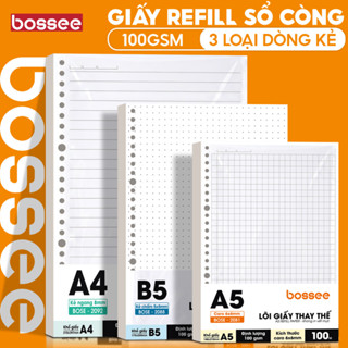 Giấy refill ruột sổ còng A5 B5 A4 Bossee dày 100gsm không sợ thấm mực khi viết bút gel, bút tiêu đề caliigraphy
