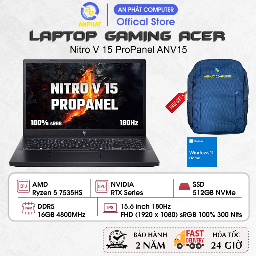 Laptop Acer Gaming Nitro V 15 ProPanel ANV15-41-R9M1 NH.QPFSV.004, Ryzen 5 7535HS, RTX 3050 6GB, 15.