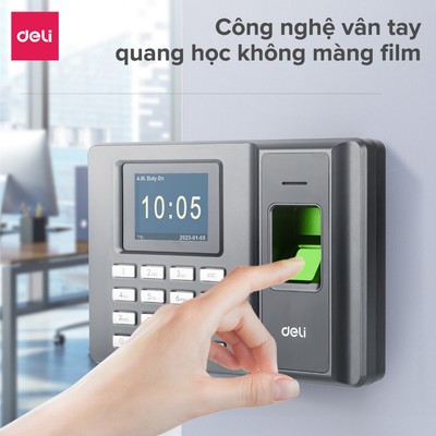 Máy Chấm Công Quét Vân Tay DELI Có Tiếng Việt Màn Hình 2.4 Inch Kết Nối USB Báo Cáo Excel Thông Minh