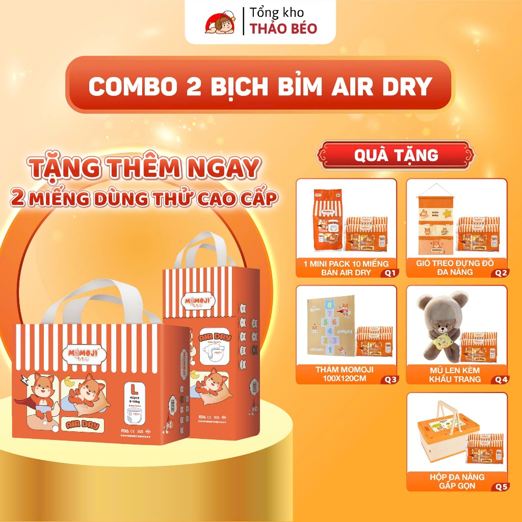 [Momoji Air Dry] Combo 2 Bịch Bỉm Dán/Quần Momoji Air Dry Cao Cấp Mềm Mỏng Mịn Thấm Hút Tốt, Giữ Môn