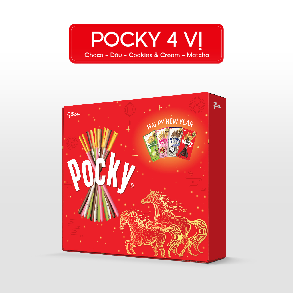 (Quà Tặng Không Bán) HỘP QUÀ TẾT POCKY MIX 4 VỊ (1 Kem Chocolate + 1 Cookies Cream + 1 Kem Dâu + 1 T