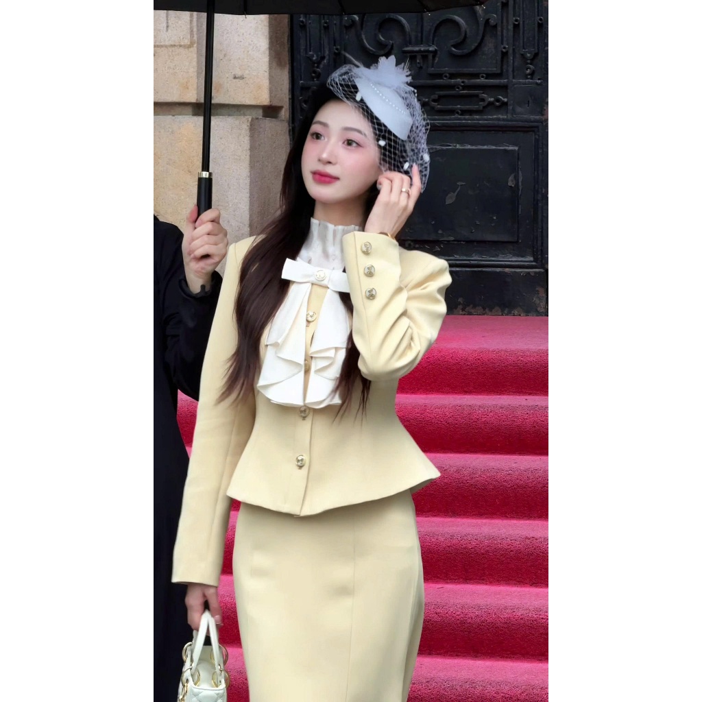 Set Vest Nữ Cao Cấp Phong Cách Tiểu Thư Pháp – Áo Vest Cổ Nơ & Chân Váy Dài S158 Shine Fashion