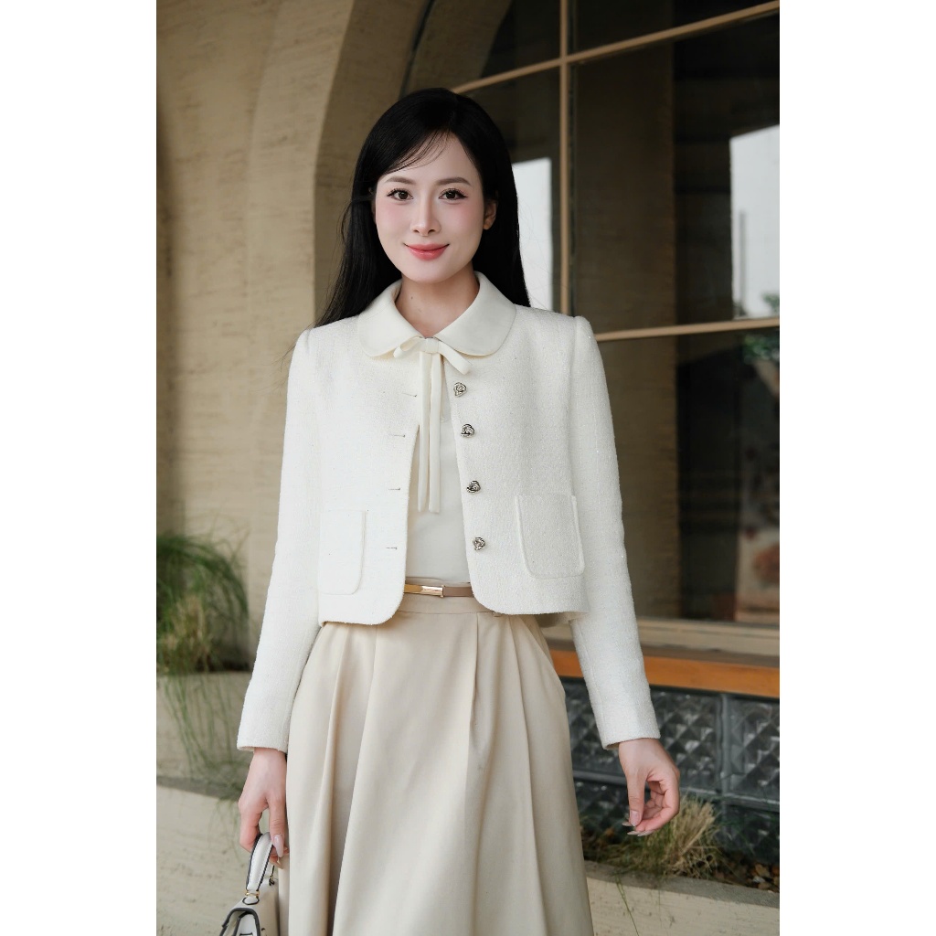 Áo Khoác Dạ Tweed cổ tròn phối túi 2 bên màu trắng kem cao cấp, trẻ trung HERIN - K07