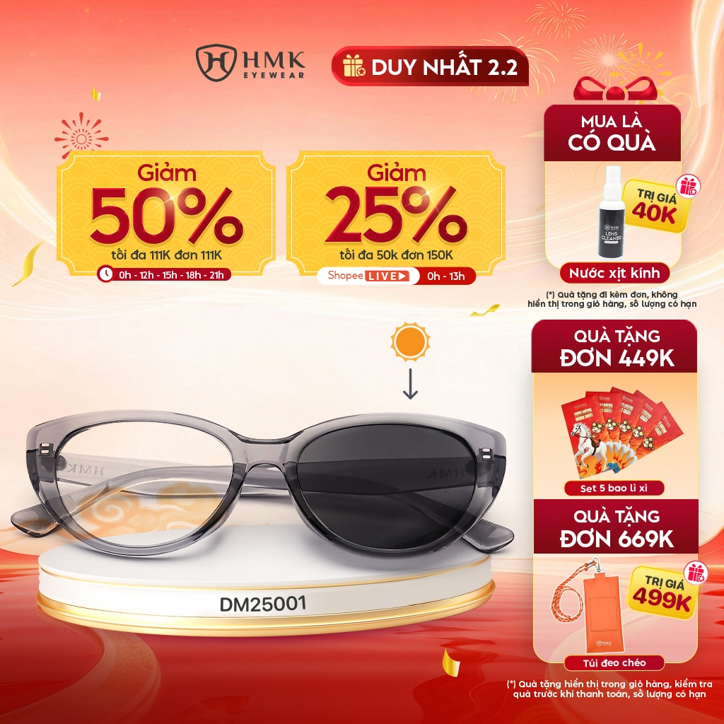 Mắt Kính Đổi Màu HMK Eyewear Tròng 0 Độ Dáng Mắt Mèo Nhựa Thời Trang Nam Nữ Có Thể Thay Cận- DM25001