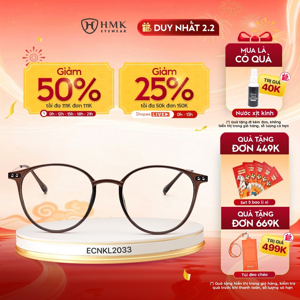 Mắt Kính Tròn HMK Eyewear Nhựa Dẻo Càng Kim Loại Thời Trang Nam Nữ Có Thể Thay Cận - ECNKL2033