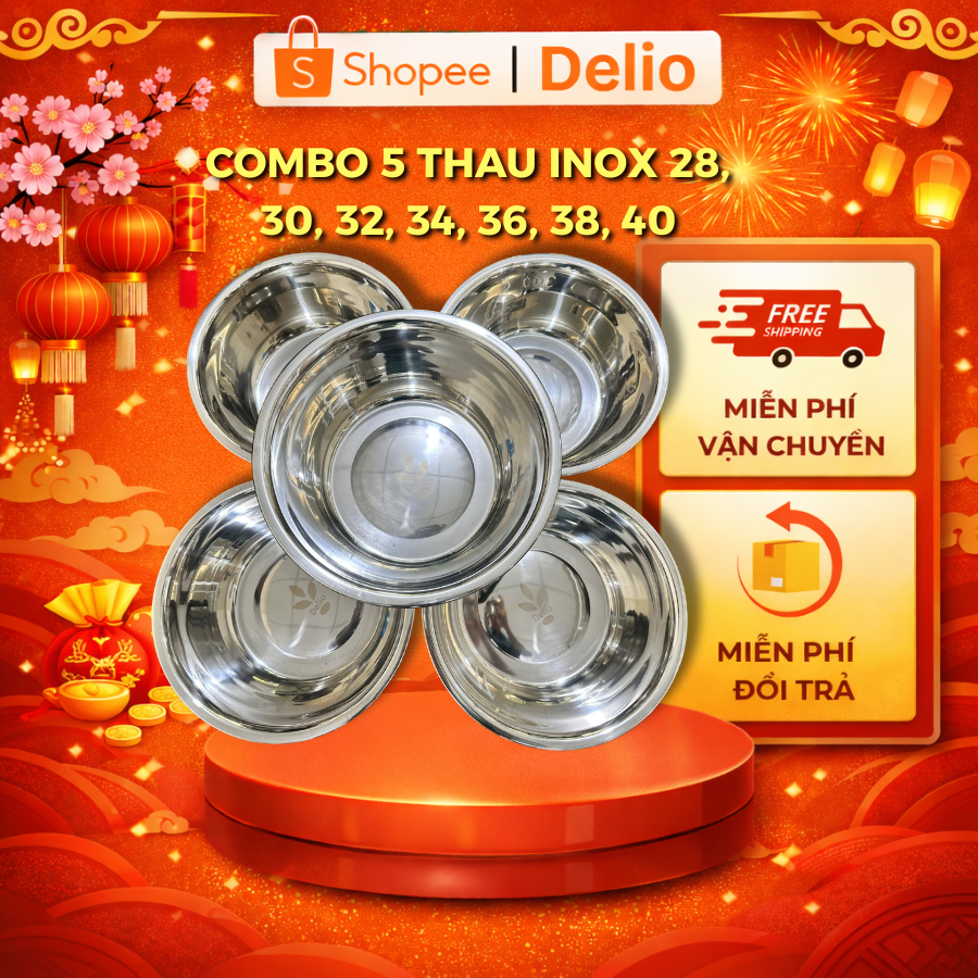 Combo 5 Thau Inox Sâu Lòng – Bộ Thau Inox Đa Năng, Dày Dặn, Sáng Bóng – Dùng Cho Nhà Bếp, Bền Đẹp