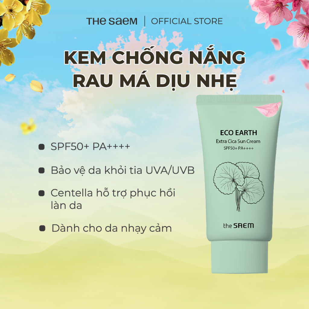 [THE SAEM] Kem chống nắng chiết xuất rau má dịu nhẹ THE SAEM Eco Earth Sun Cream 50g