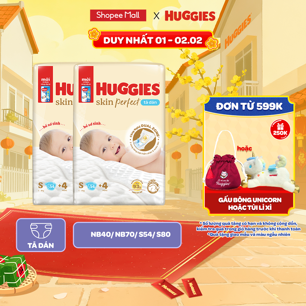 Combo 2 Tã dán sơ sinh Huggies Skin Perfect NB40/NB70/S54/S80