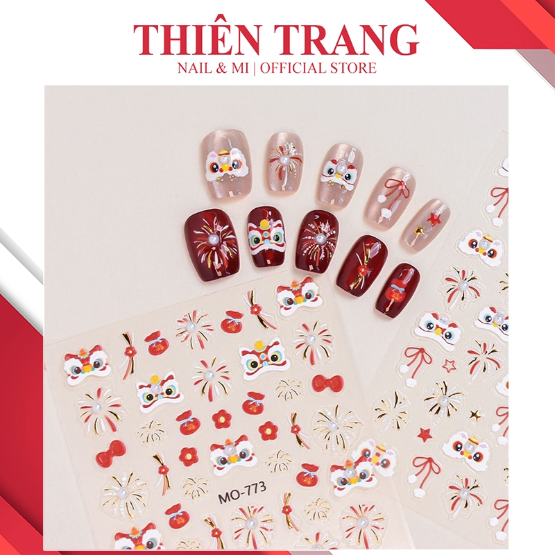 Sticker Sư Tử Đính Ngoc trai - Hình dán móng hình su tu mix pháo hoa siêu xinh - Miếng dán móng. des