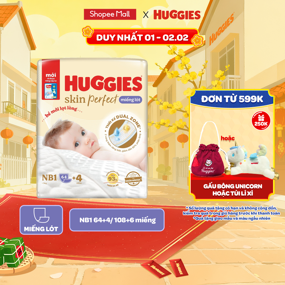 Miếng lót sơ sinh Huggies Skin Perfect NB1 64+4/NB1 108+6 miếng với 2 vùng thấm giảm kích ứng da