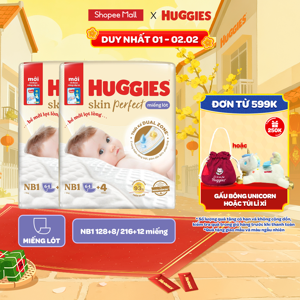 Combo 2 gói Miếng lót sơ sinh Huggies Skin Perfect 2 vùng thấm giảm kích ứng da NB1 64+4/NB1 108+6 m