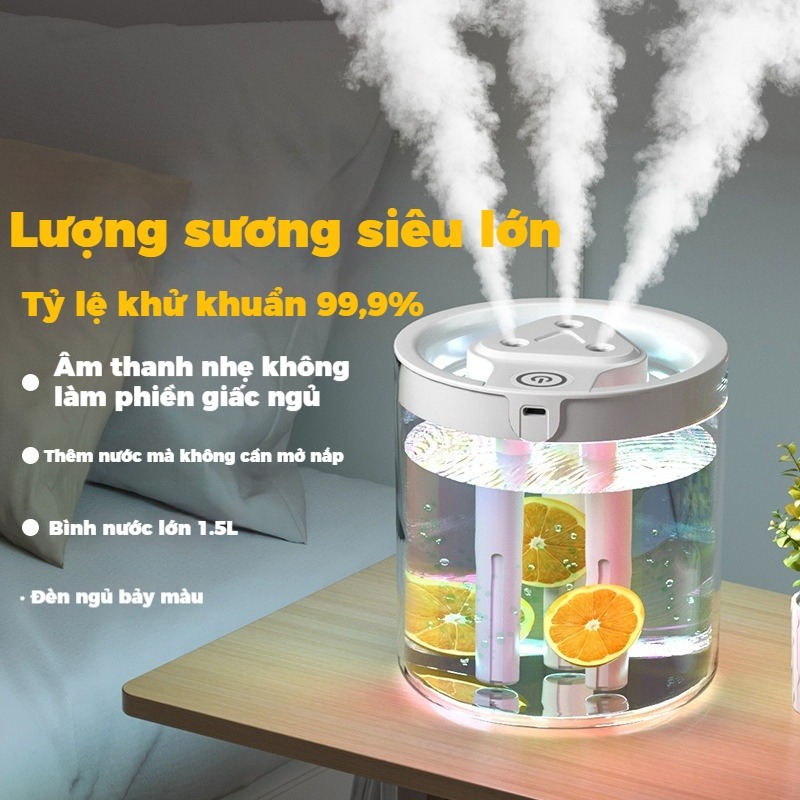 Máy tạo độ ẩm phun sương 3 tia 1.5L siêu êm ≤35dB USB 5V để bàn gia đình