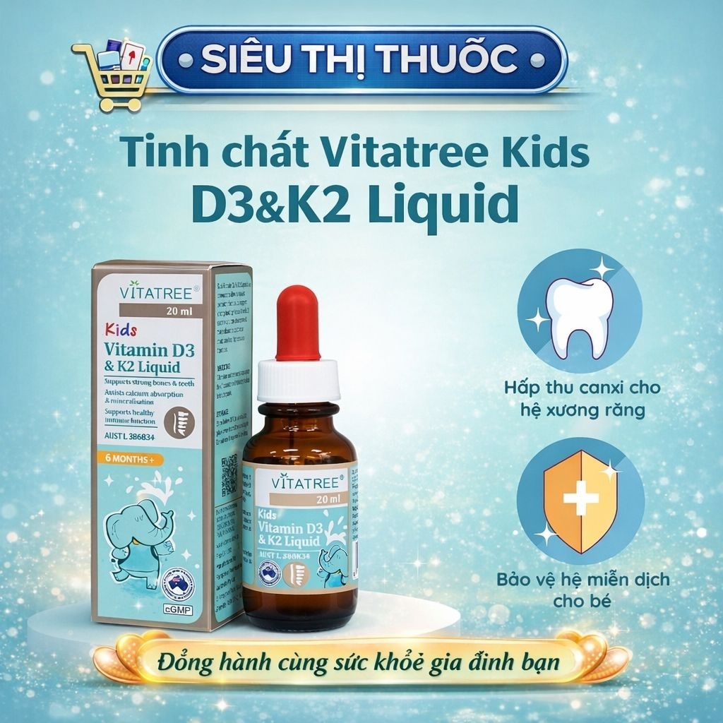 TPBVSK Vitatree Kids Vitamin D3 & K2 Liquid 20ml -  Tinh Chất D3K2 Hỗ Trợ Hấp Thu Canxi Cho Trẻ