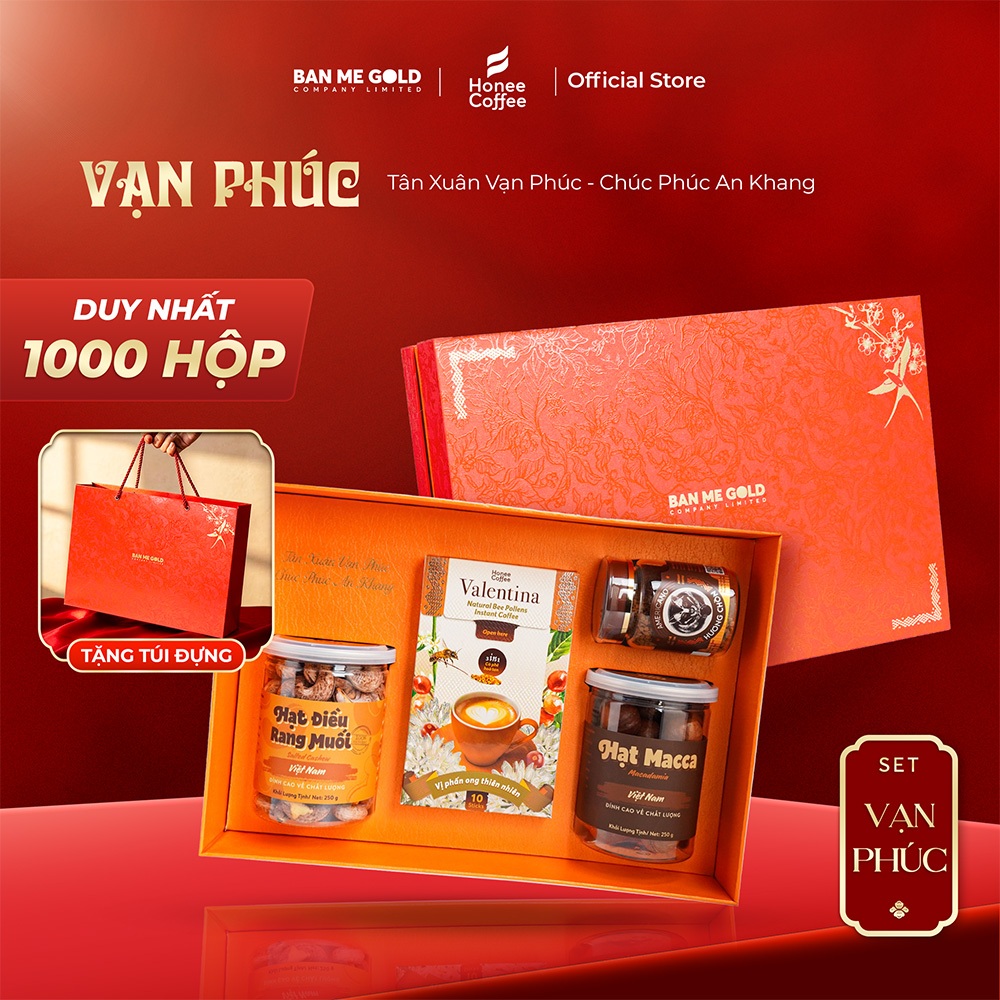 [TẶNG TÚI] Hộp Quà Tết Vạn Phúc - Hộp Quà Cà Phê Cao Cấp Phiên Bản Giới Hạn - Cà Phê Hòa Tan -Hạt Dinh Dưỡng Ban Me Gold