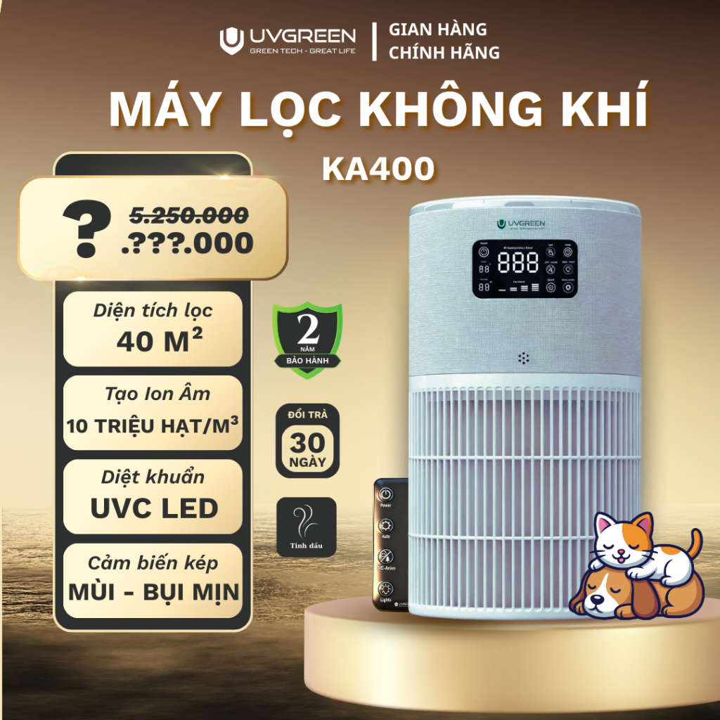 Máy Lọc Không Khí Hút Mùi Thú Cưng, Ion Âm Lọc Bụi Mịn UVGREEN KA400 – UVC LED Diệt Khuẩn Hiện Đại –