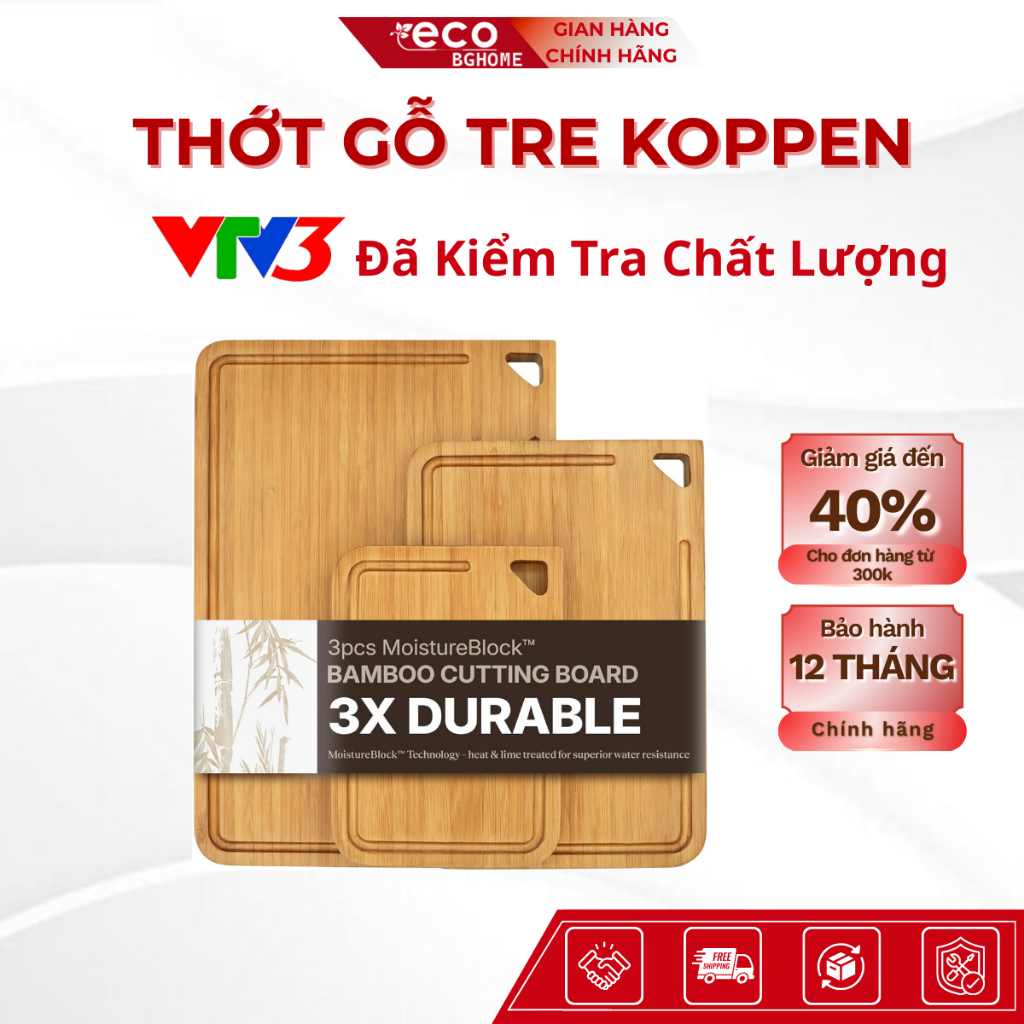 Thớt Tre Koppen Bộ 3 Size S/M/L Có Rãnh Hứng Nước – Thớt Chặt Thái Thịt Rau Củ, Bày Đồ Ăn BGHOME ECO