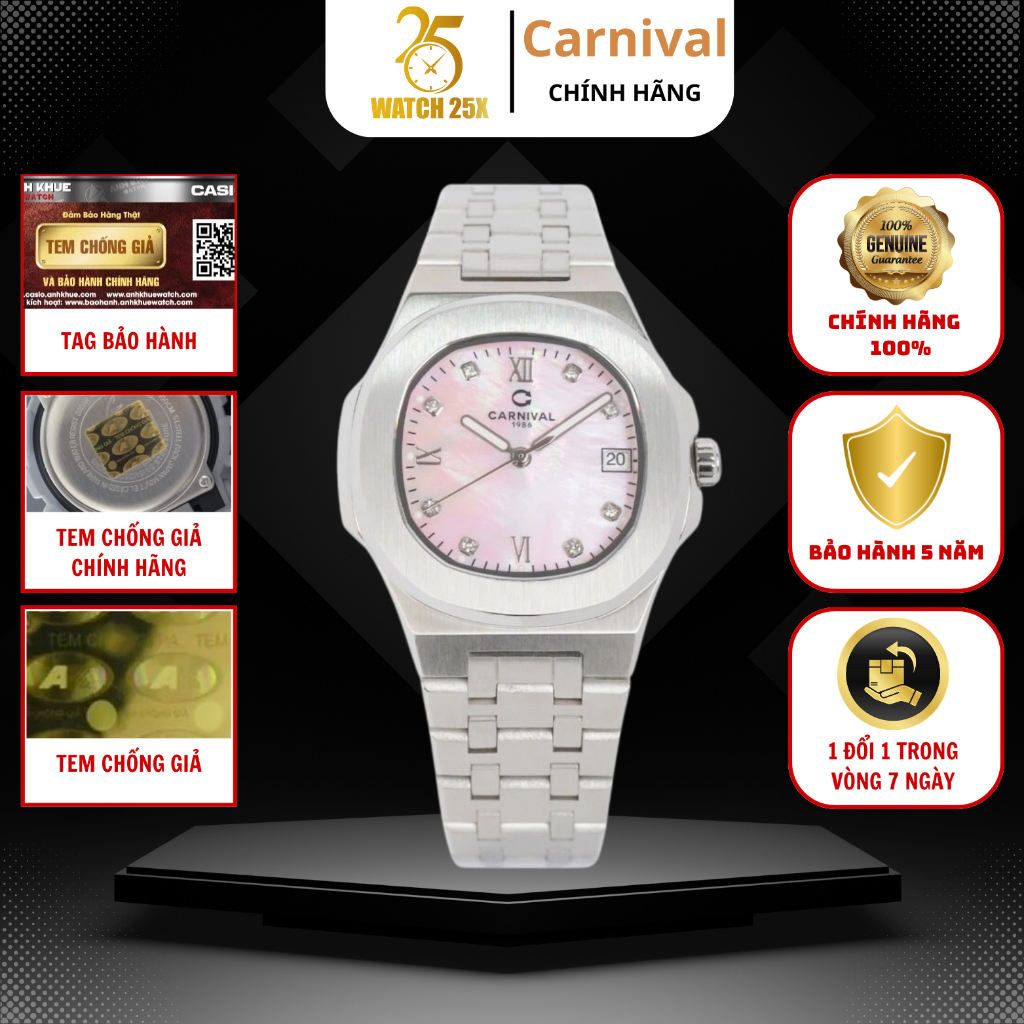Đồng Hồ Carnival Nữ 8160L-VT-HK – Điểm Nhấn Tinh Tế Với Mặt Xà Cừ Hồng Và Viền Đánh Bóng Sắc Sảo