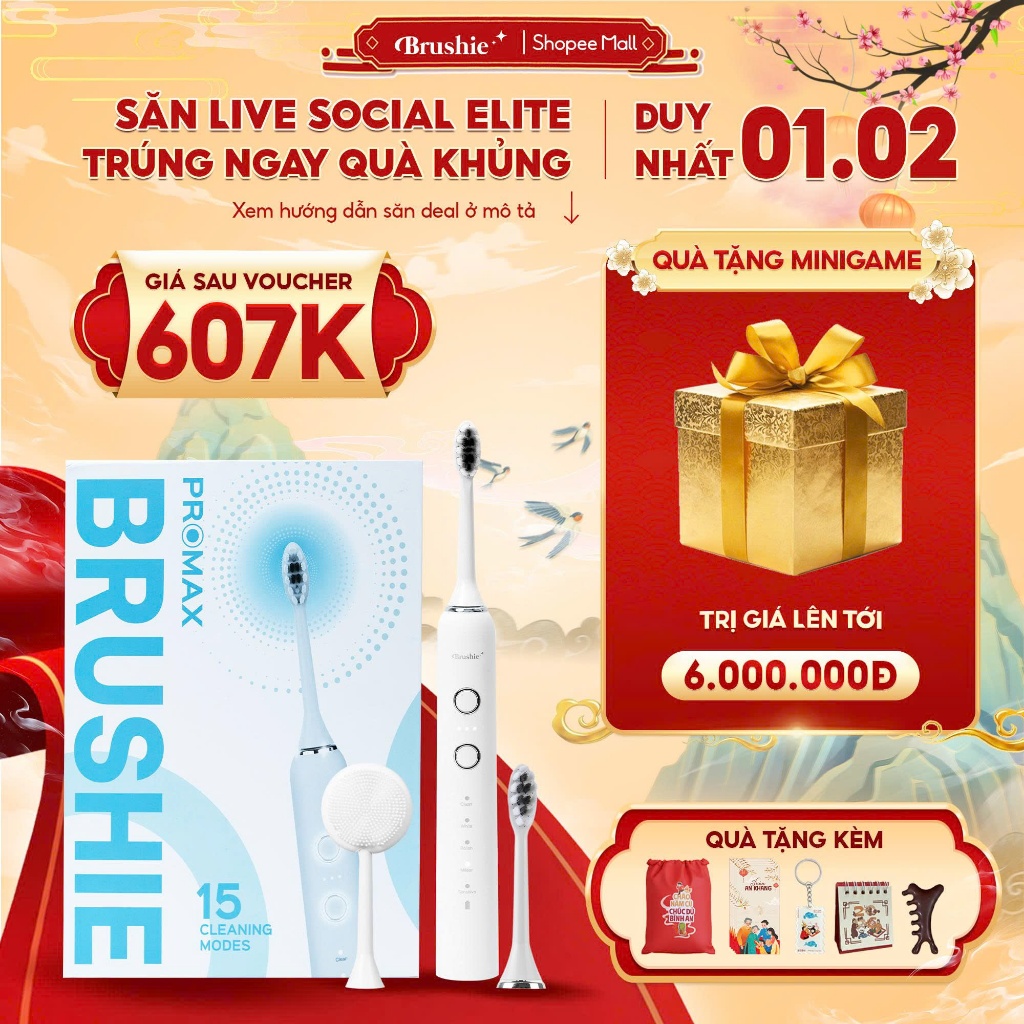 [GIÁ 607K LIVE MINH TÚ] Bàn chải điện Brushie Promax x15 chế độ làm sạch chuyên biệt, tích hợp đầu r