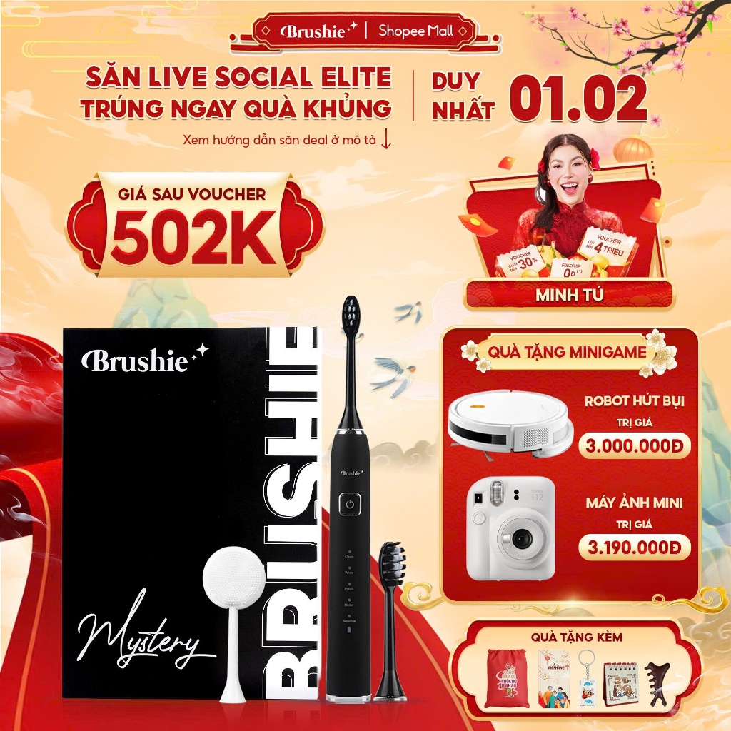[GIÁ 502K LIVE MINH TÚ] Bàn chải điện Brushie Ultra Plus tích hợp đầu rửa mặt, 5 chế độ, tần số rung