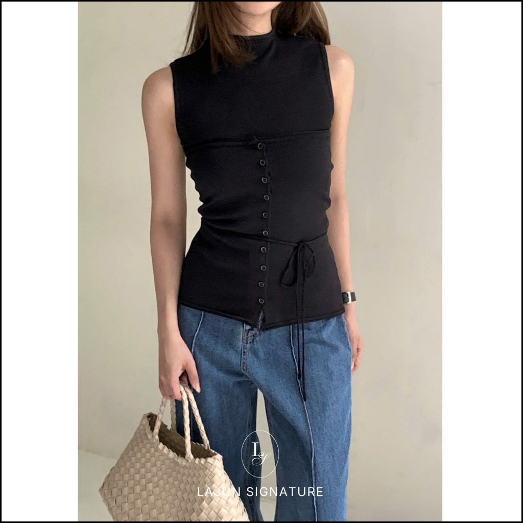 [LAJUN SIGNATURE] Set Fiance Gồm Áo Không Tay Và Áo Quây Gài Nút Kèm Dây Thắt Eo Chất Len Mịn Mát Ca