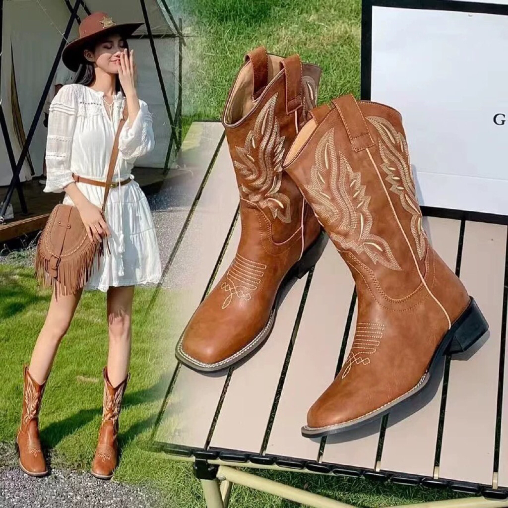 [Hàng Order] QCCC Giày boots da phong cách cowboy boho dành cho nữ