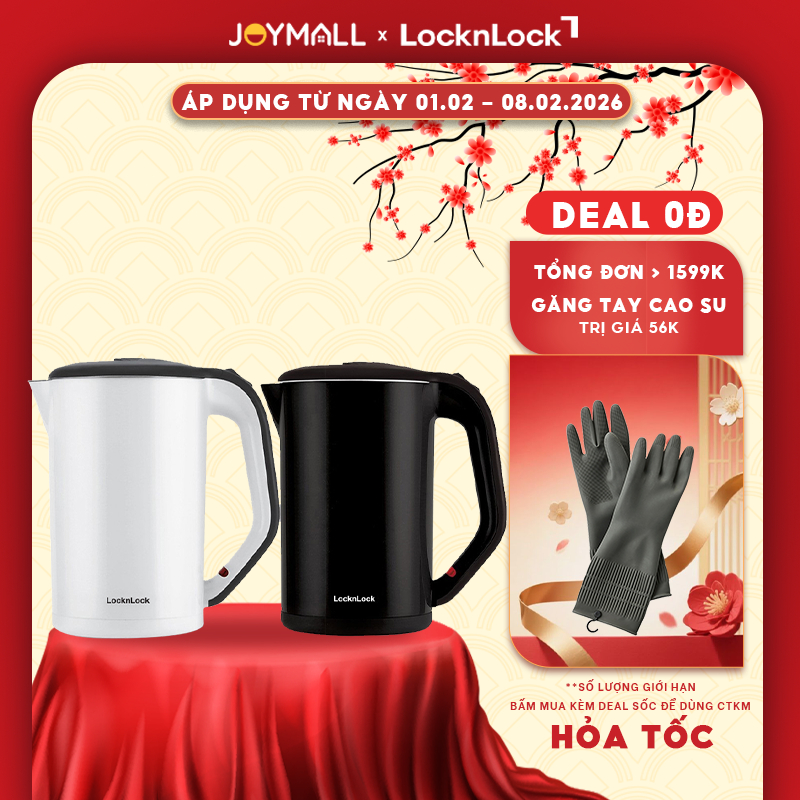 Ấm đun siêu tốc LocknLock EJK341 1.8L - Thân thủy tinh chịu nhiệt, công suất 2200W