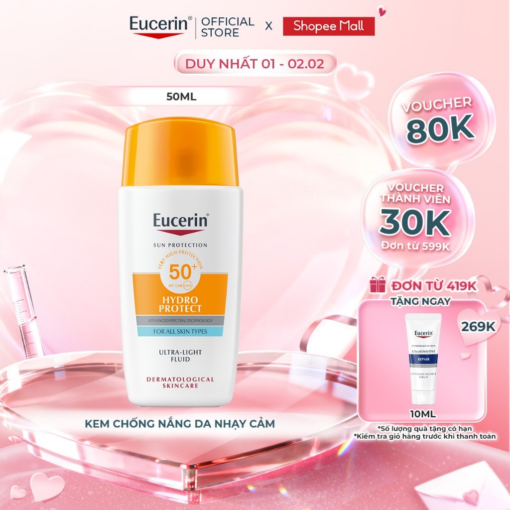 Kem chống nắng cho da nhạy cảm Eucerin Hydro Ultra Light SPF 50+ 50ml