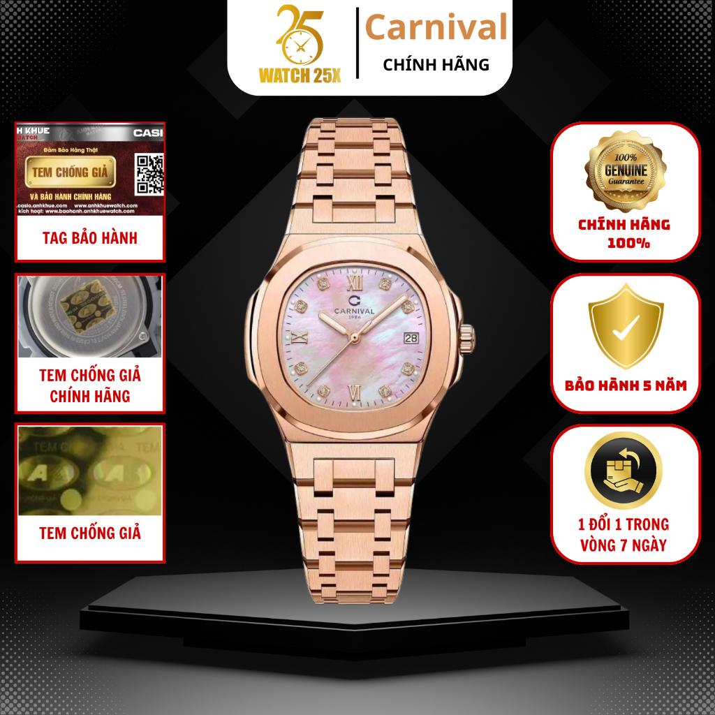 Đồng Hồ Carnival 34 mm Nữ 8160L-VH-HK – Sắc Hồng Xà Cừ Ngọt Ngào, Vỏ Mạ PVD Vàng Hồng Bền Màu