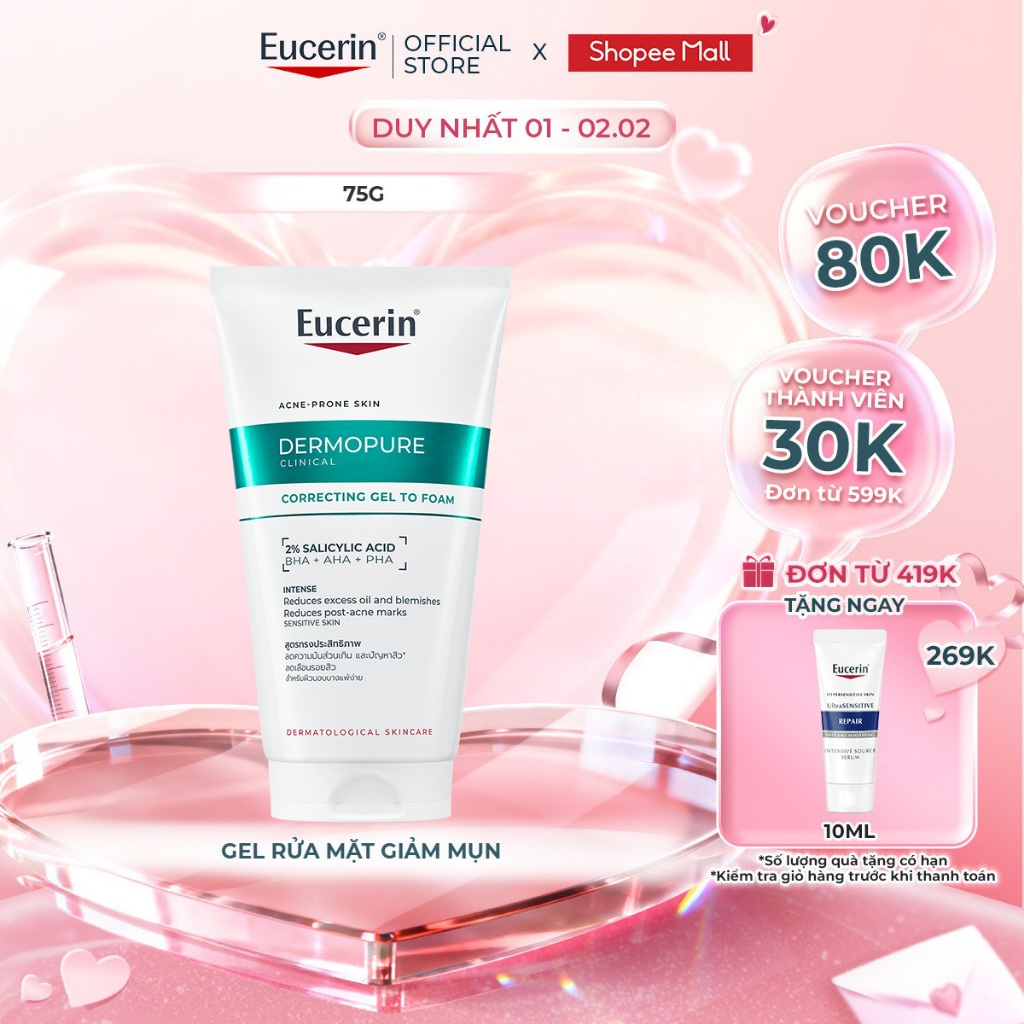 Gel rửa mặt cho da mụn Eucerin® DermoPure Clinical Correcting Gel To Foam 75ml