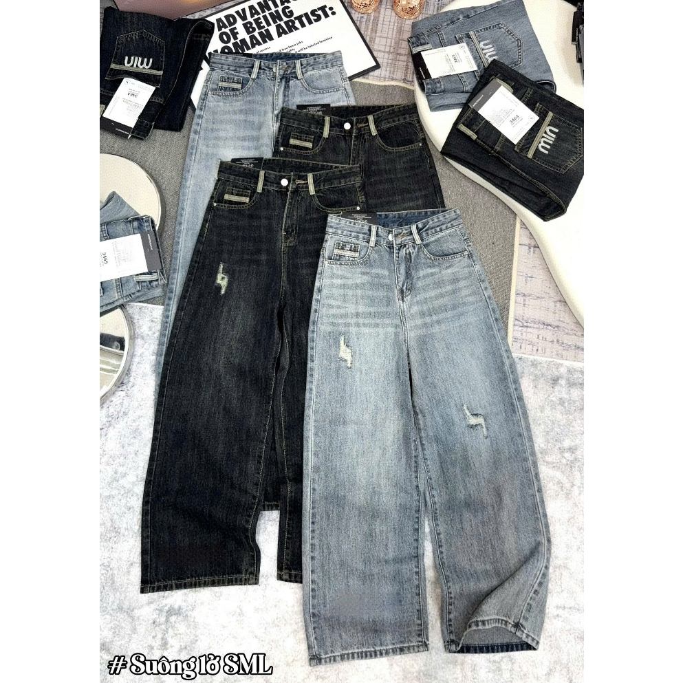 [95CM] Quần jean ống suông lỡ cạp cao chất vải jean QC xịn túi thêu chữ quần bò ống rộng dài 95cm