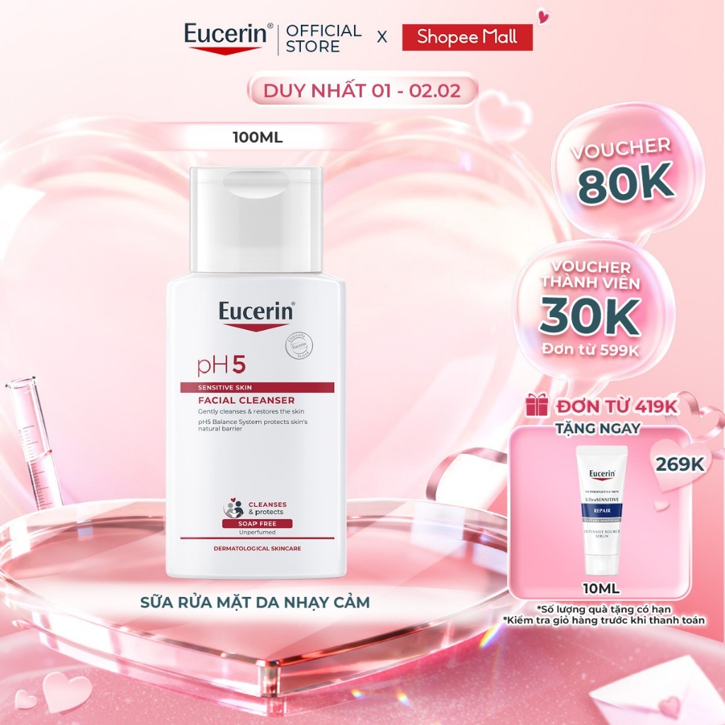 Sữa Rửa Mặt Dịu Nhẹ Cho Da Nhạy Cảm Eucerin pH5 Sensitive Skin Facial Cleanser 100ml