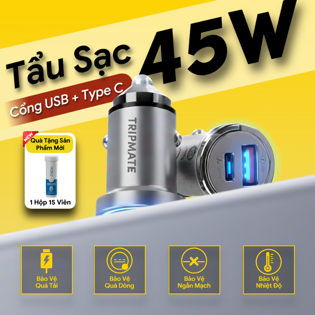 Tẩu sạc 2 cổng TRIPMATE ,hỗ trợ sạc nhanh PD, PPC, QC, hỗ trợ tối đa 45w, hợp kim nhôm, siêu bền.