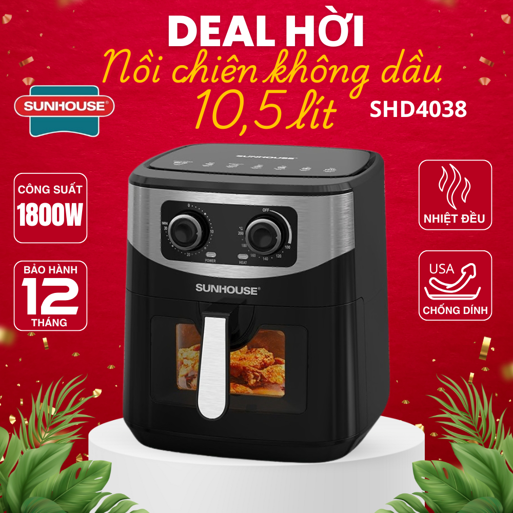 Nồi chiên không dầu Sunhouse SHD4038 10,5 lít và SHD4037 9lít Công nghệ Rapid Air - Nướng gà cả con