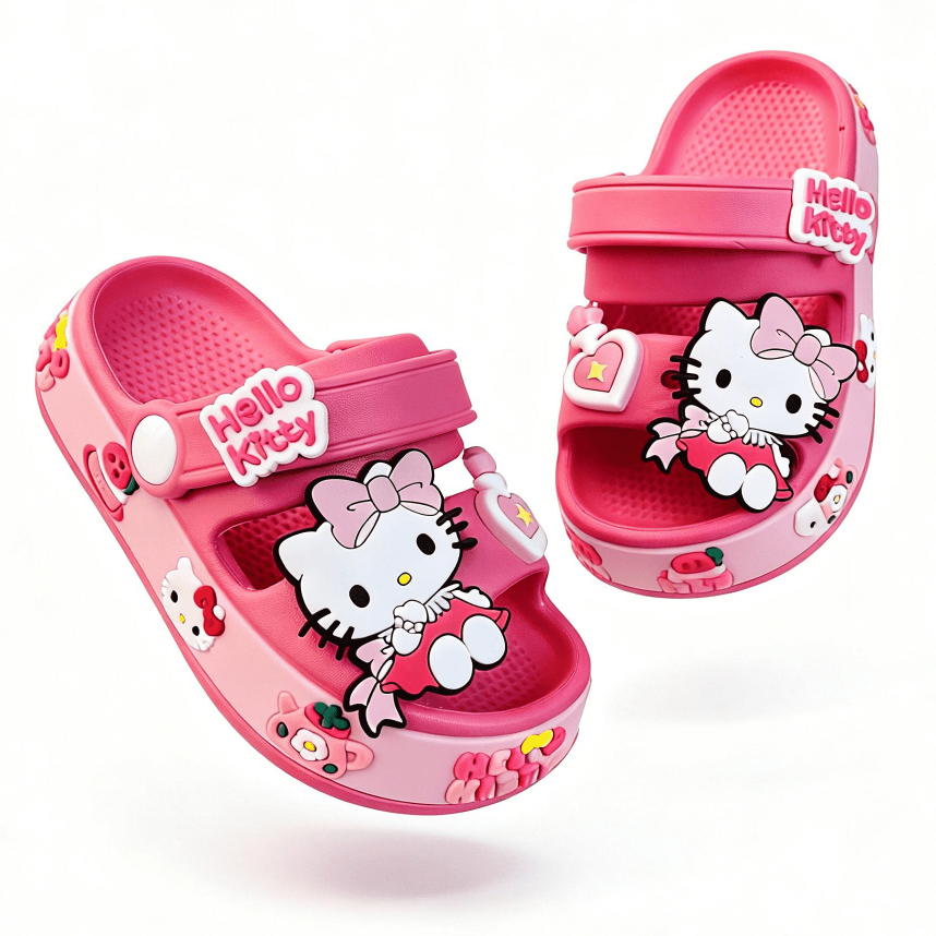 Dép lê Hello Kitty cho bé gái, EVA siêu nhẹ mềm, đế cao chống trượt, màu đen/đỏ, size 24–35, 608-17