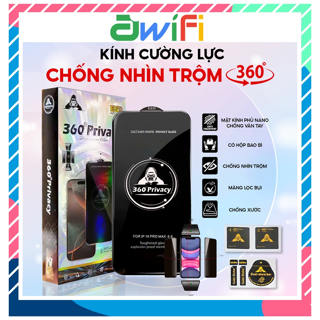 Kính cường lực iphone chống nhìn trộm KK 360 độ từ mọi góc 7P/8P/x/xs/11/12/13/14/15/16/17/pro/max/p