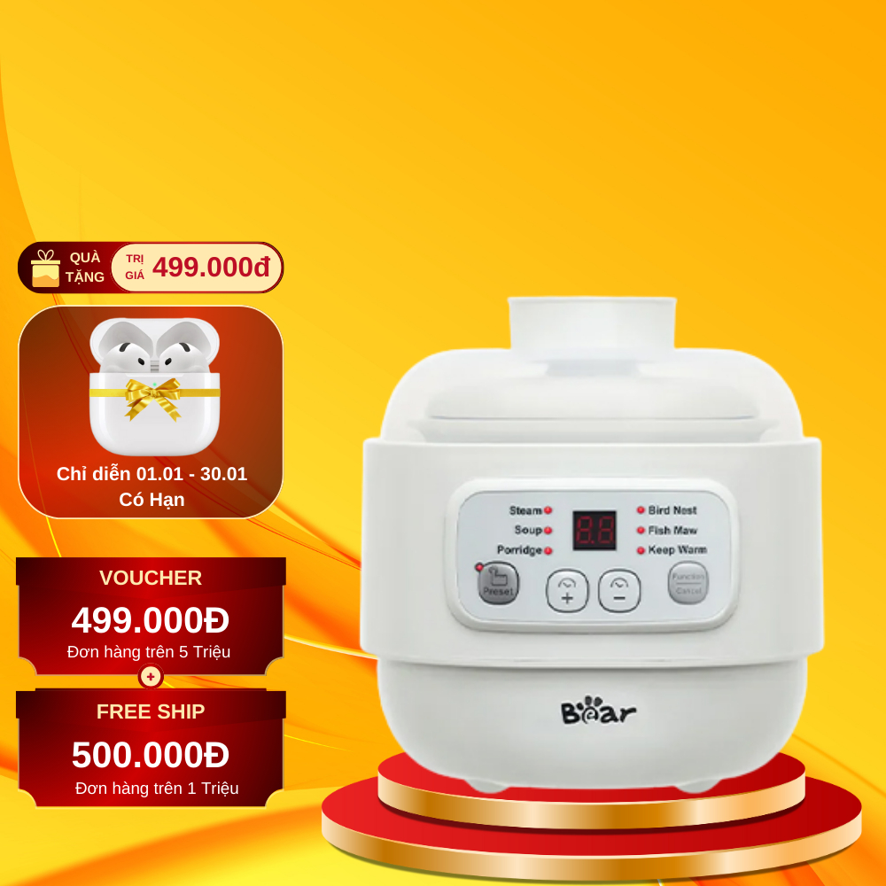 Nồi Nấu Cách Thủy Đa Năng 4in1 Bear 0.8L DDZ-A08T8 - Chính Hãng