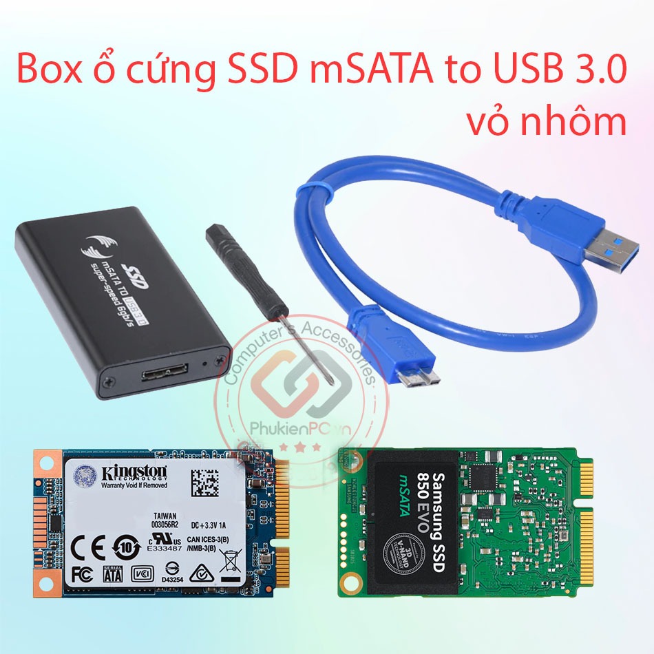 Box ổ cứng SSD mSATA to USB 3.0 vỏ nhôm nhỏ gọn. Biến ổ cứng mSATA thành ổ cứng di động cắm USB 3.0 
