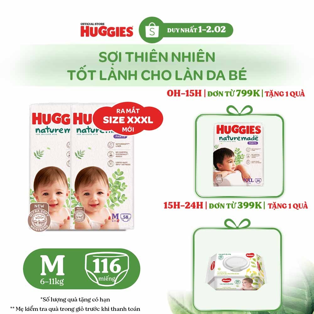 [KOL Live] Combo 2 Tã Quần Huggies Platinum Nature Made M58/L44/XL38/XXL26