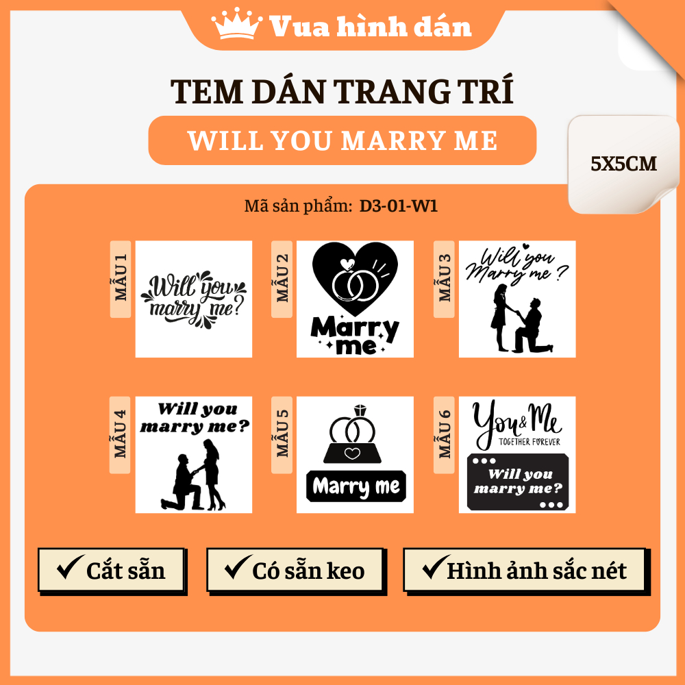 Set 50/100 sticker WILL YOU MARRY ME (5x5cm) - Tem dán cầu hôn, Tem marry me, Tem dán quà tặng, hộp 