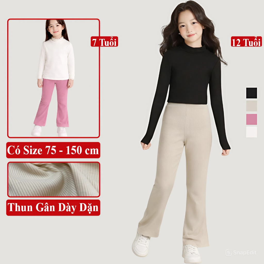 Quần Legging Ống Loe Thun Gân Tăm Xuân Hè Cho Bé Gái KooKoo Vải Dày Co Giãn, Quần Dài Ống Loe Cho Bé Gái;