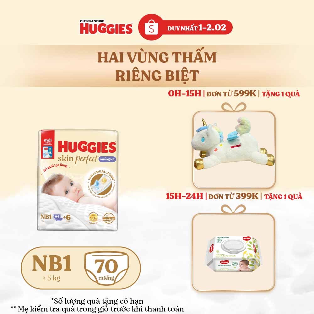 Miếng lót sơ sinh Huggies Skin Perfect NB1 64+4 miếng với 2 vùng thấm giảm kích ứng da