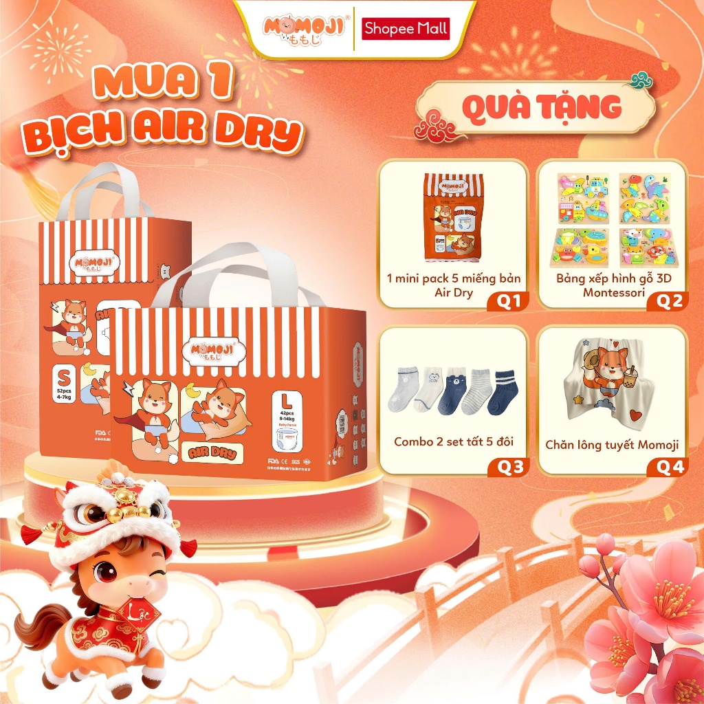 [Phiên Bản Mới] Tã Bỉm Quần Momoji Air Dry Êm Mềm, Siêu Khô Thoáng, An Toàn Cho Bé