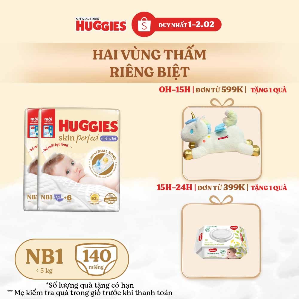 Combo 2 Miếng lót sơ sinh Huggies Skin Perfect NB1 64+4 miếng với 2 vùng thấm giảm kích ứng da