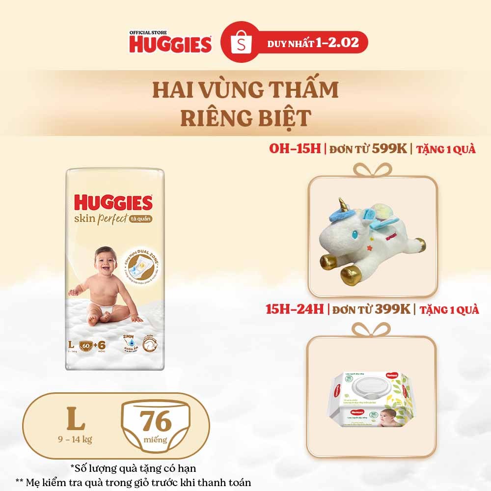 Tã quần Huggies Skin Perfect Super Jumbo M70+6/ L60+6/ XL52+6/ XXL48+6 với 2 vùng thấm giảm kích ứng